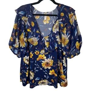 PerSeption Women Blue Balloon Sleeve Floral Ruffle Top plus size‎ 2X